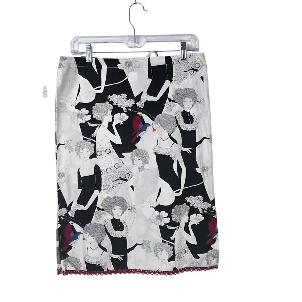 Beebop & Wally Midi Skirt Womens XS White Black Graphic Bird Embroidered Cotton